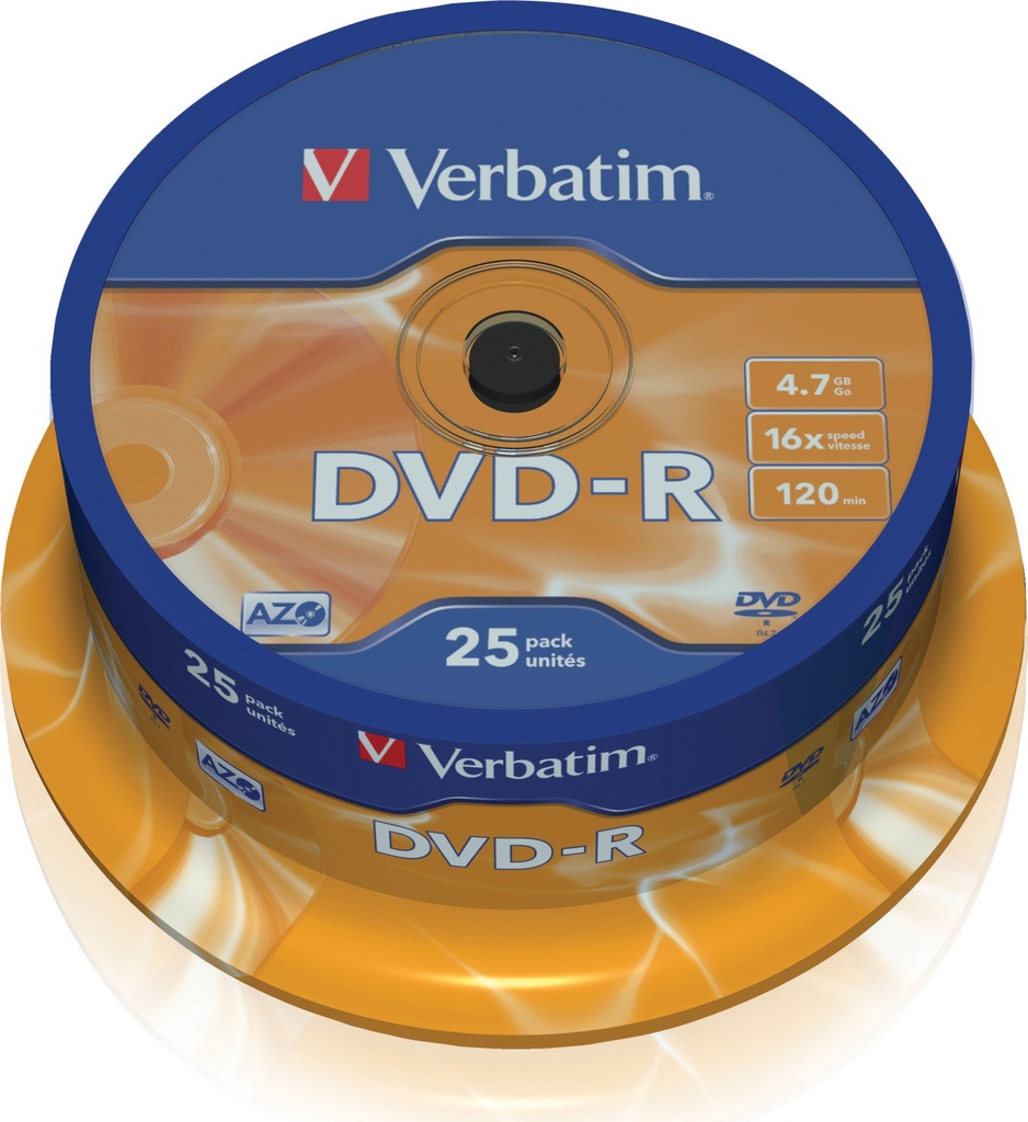 DVD-R VERBATIM 4.7GB 120MIN 16X AZO TARRINA 25 UDS 43522